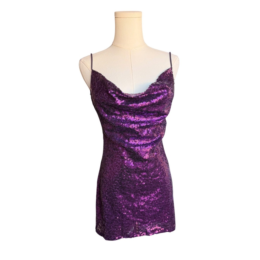Purple Sequin Cowl Neck Mini Dress Size M Made in LA Sleeveless Party Dress‎